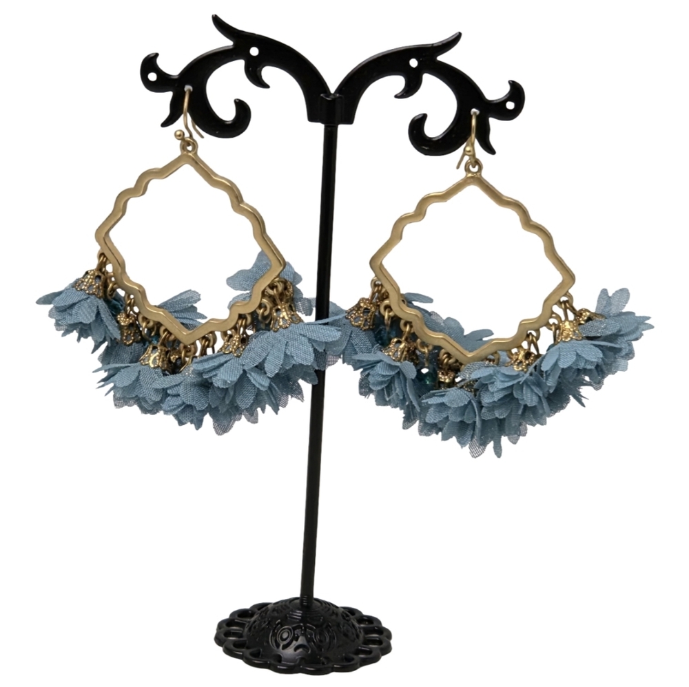 House Of Harlow 1960‎ Turquoise Brushed Gold Tone Floral Chandelier Earrings New